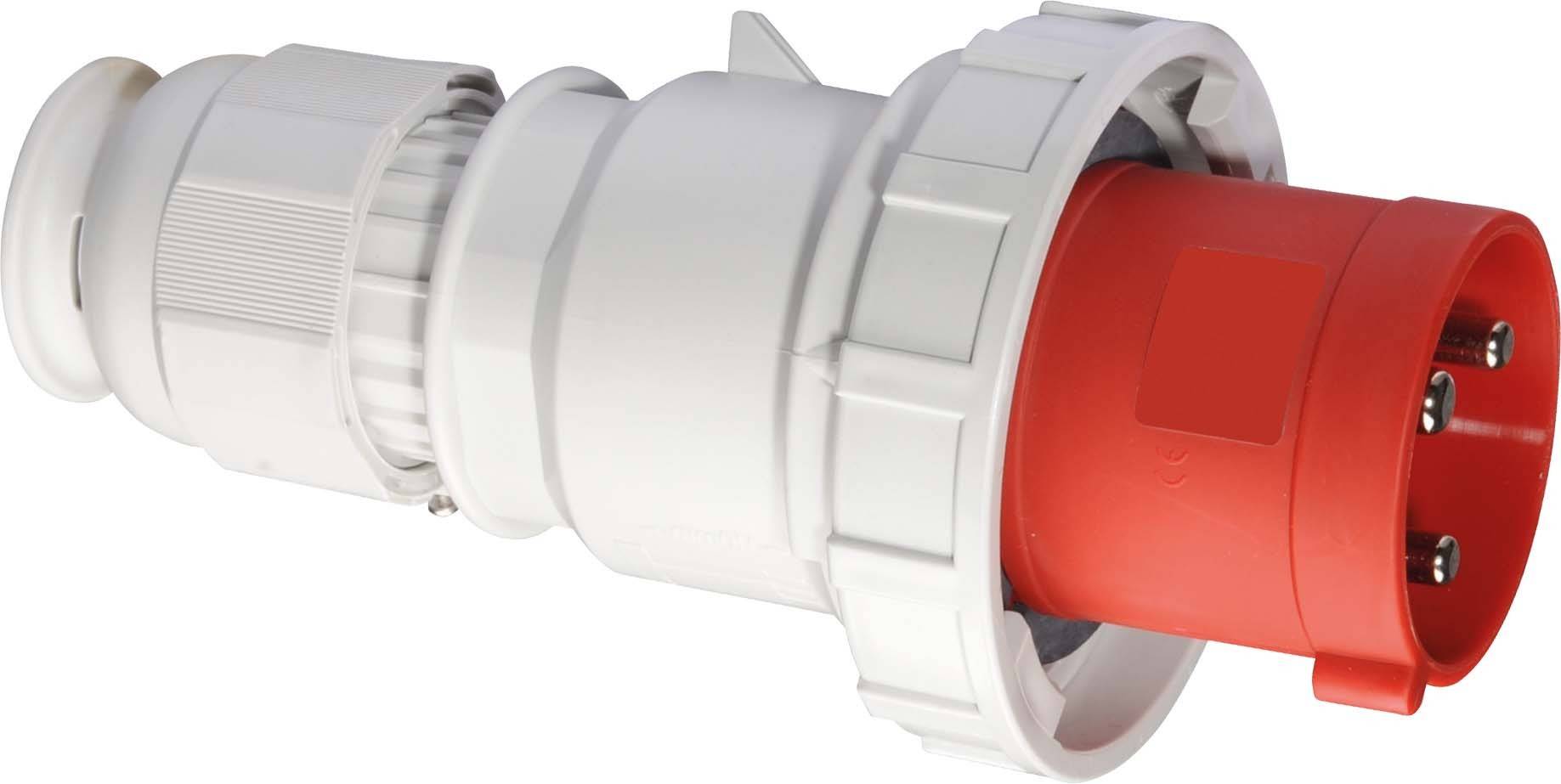 Ein roter, industrieller Stecker mit mehreren Kontakten und einem weißen Gehäuse. Geeignet für Hochstromanwendungen.