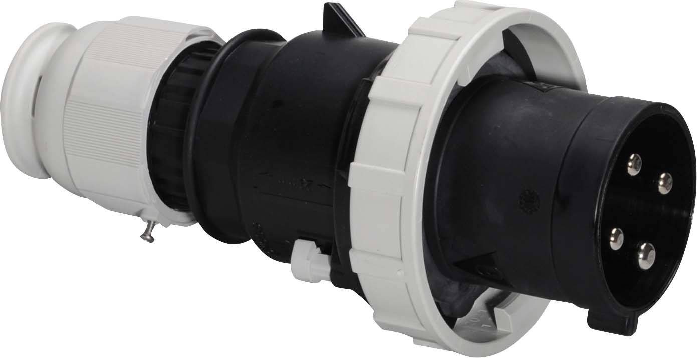 Ein schwarzer, zylindrischer, industrieller Stecker mit grauen und weißen Ringen und Metallkontakten für Hochleistungsanwendungen.