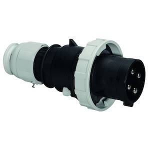 Ein schwarzer, zylindrischer Steckverbinder mit weißem Drehverschluss, geeignet für industrielle Anwendungen und hohe Stromlasten.
