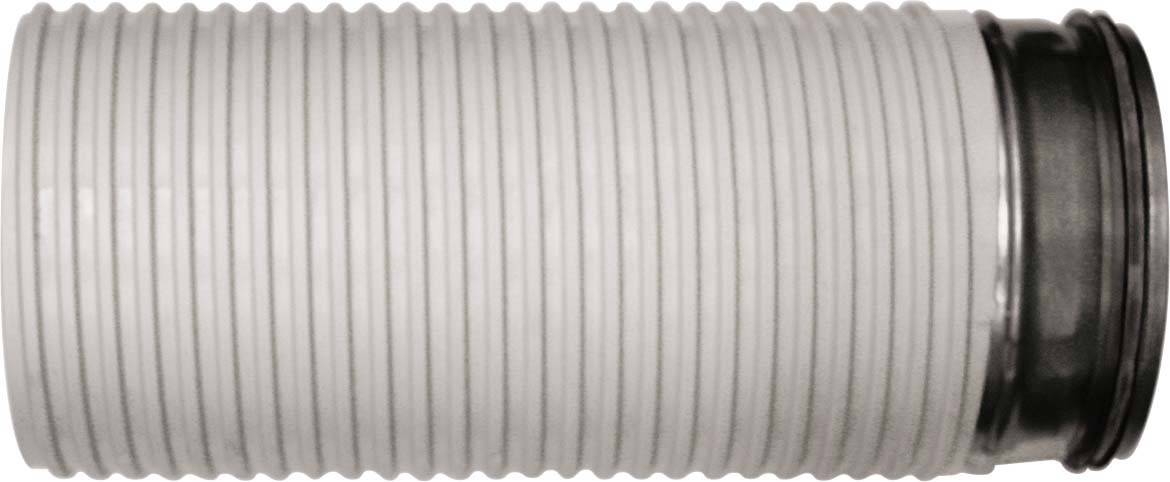 Ein geriffelter, flexibler Schlauch mit einer Metallkappe am Ende, horizontal ausgerichtet.