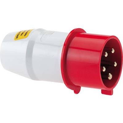 Industrie-Stecker mit rotem Kunststoffgehäuse und fünf Metallstiften. Wird zur Verbindung von Maschinen in industriellen Umgebungen genutzt.