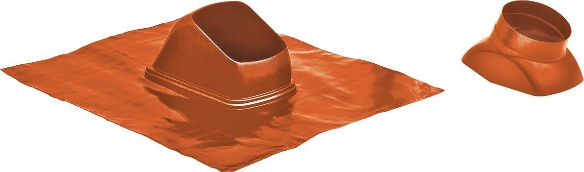 Zwei orangefarbene Dachhauben aus Kunststoff, eine quadratische mit rechteckigem Rohr und eine oval geformte, beide für Dachinstallationen.