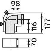 Technische Zeichnung eines Rohres mit Winkelstück. Beschriftung zeigt Maße: Breite 98 mm, Höhe 117 mm, vertikale Länge 116 mm, horizontale Länge 70 mm.