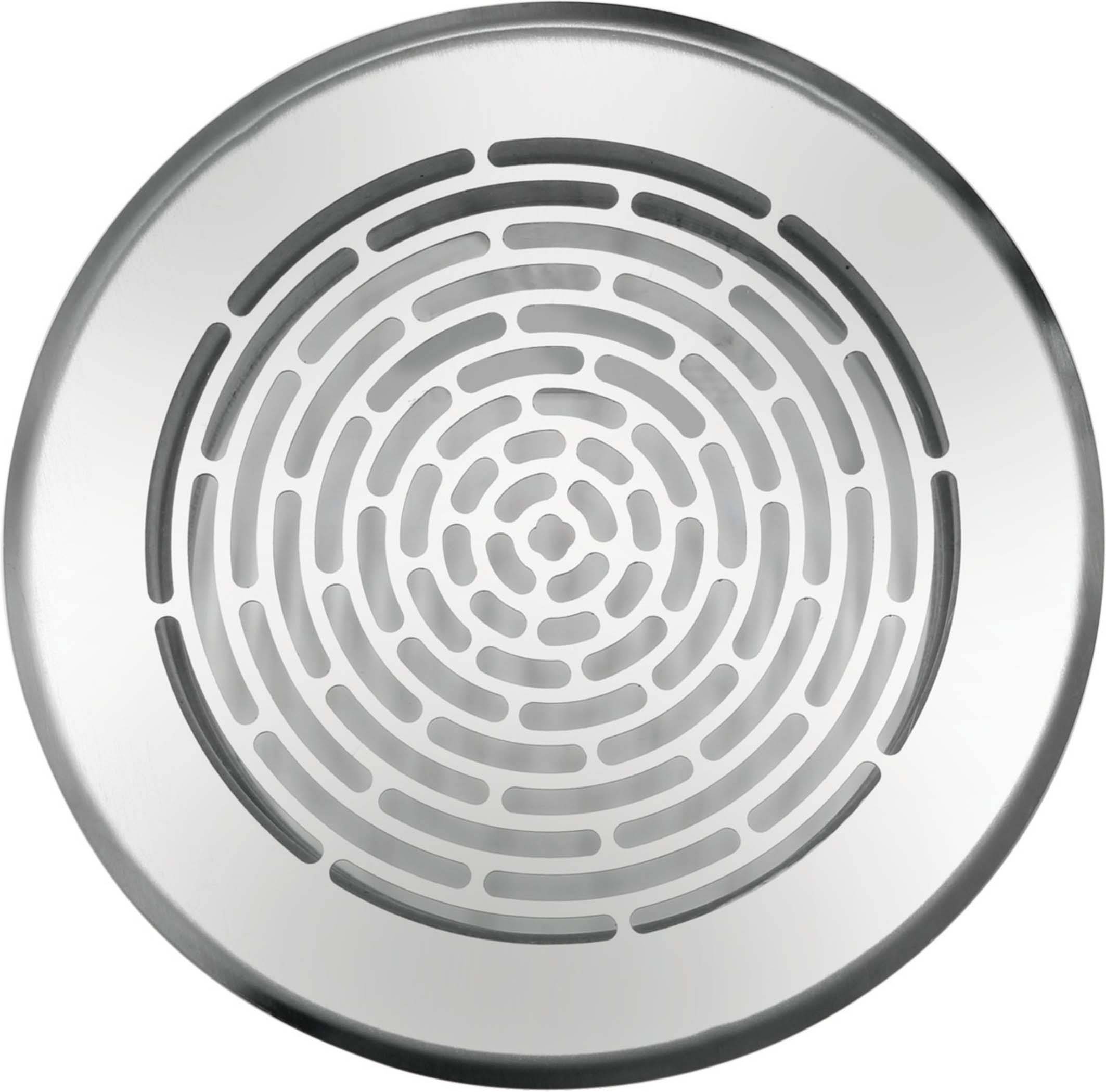 Runder, silberner Abflussdeckel mit konzentrischem, labyrinthartigem Muster, für Dusche oder Waschbecken geeignet.