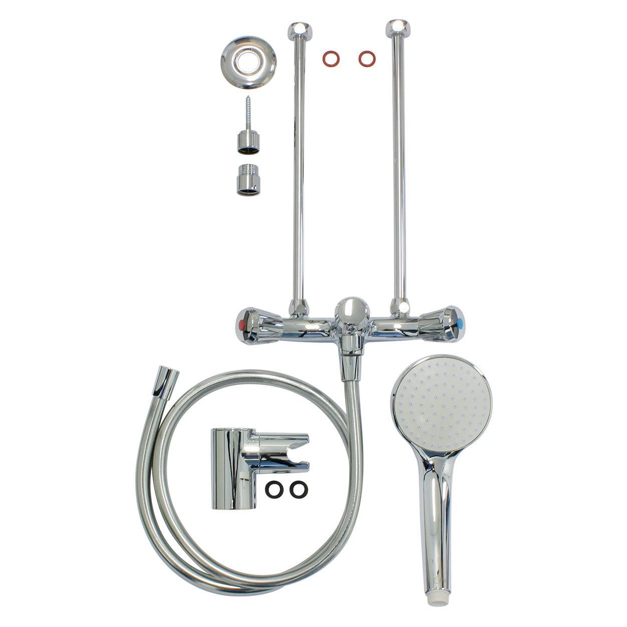 'Duschset bestehend aus Duschkopf, Schlauch, Armatur, Wandhalterung und Dichtungsringen. Alle Teile sind aus Chrom.'