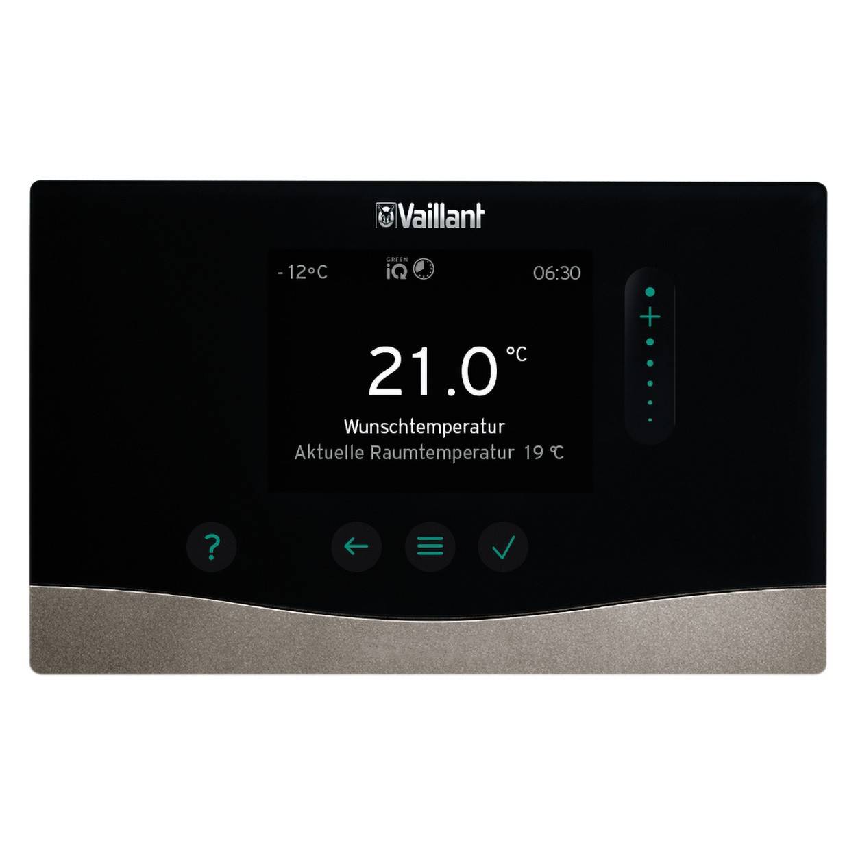 Ein Raumthermostat zeigt die eingestellte Temperatur von 21,0°C und die aktuelle Raumtemperatur von 19°C an.