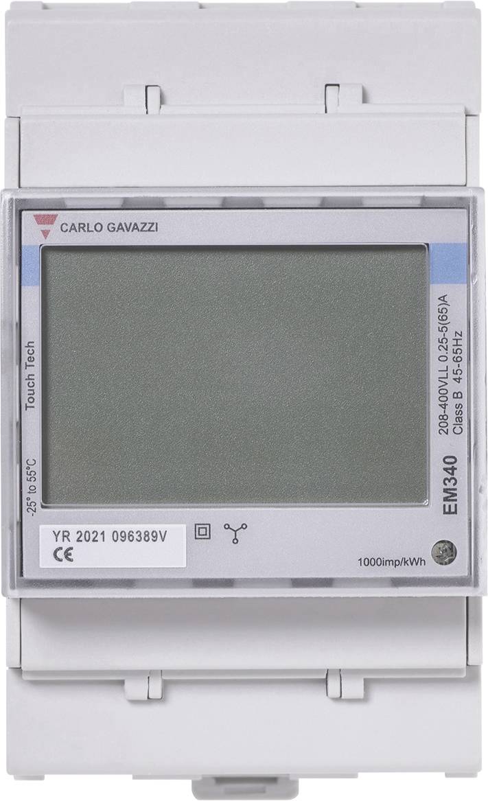 Vorderansicht eines digitalen Energiemessgeräts Carlo Gavazzi EM340 mit leerem LCD-Display, montiert auf einem DIN-Schienmodul.