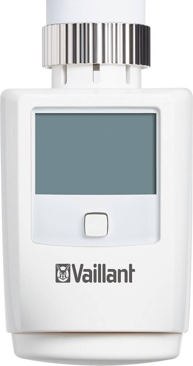 Ein Heizkörperthermostat mit digitalem Display und Vaillant-Logo. Verwendet zur Temperaturregelung in Heizsystemen.