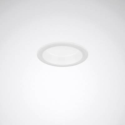 Deckeneinbauleuchte mit schlichtem, rundem Design und weißem Rahmen. Sie ist bündig in die Decke integriert und verbreitet gleichmäßiges Licht.