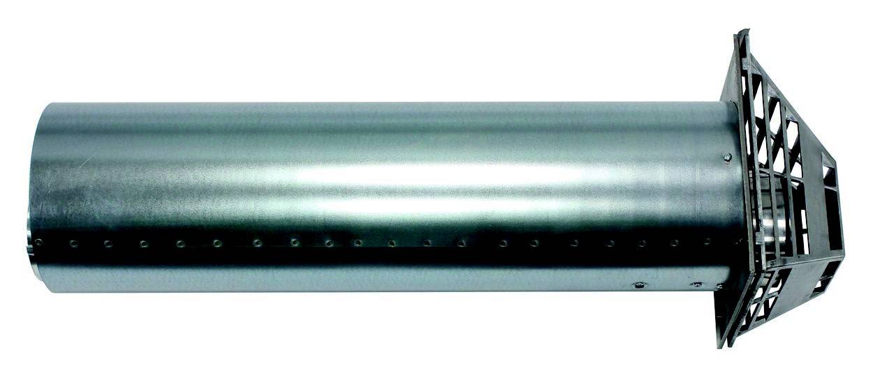 Ein metallischer zylindrischer Lüftungskanal mit einem quadratischen Gitter an einem Ende, möglicherweise ein Auspuffrohr.