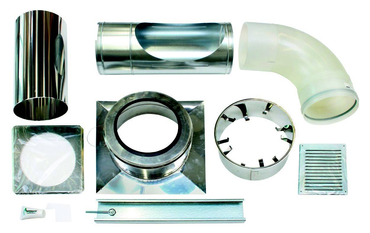 Bauteil-Set für eine Lüftungsanlage mit verschiedenen Rohren, Verbindungen und einer Lüftungsgitterabdeckung, aus Metall und Kunststoff.