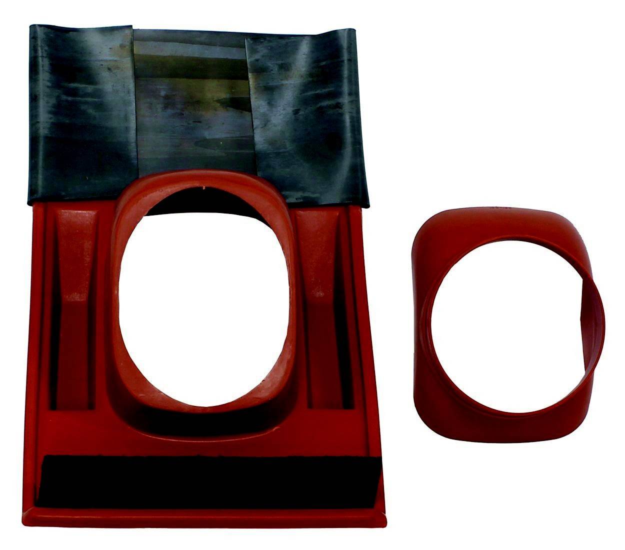 Rote, rechteckige Vorrichtung mit ovaler Öffnung und separatem ringförmigen Teil, möglicherweise für industrielle oder handwerkliche Anwendungen.