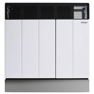 Ein großes, schlankes weißes Gerät mit dem Markennamen „Vaillant" darauf, wahrscheinlich ein Warmwasserbereiter oder eine Heizungs- und Klimaanlage, für den Hausgebrauch ausgelegt.