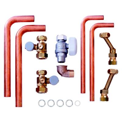 Kupferrohr-Set mit diversen Anschlüssen und Ventilen, Anordnung symmetrisch. Enthält Bögen, T-Stücke, Fittings und Dichtungsringe.
