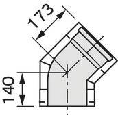 Technische Zeichnung eines Rohrbogens mit 45-Grad-Winkel. Maße: 173 mm horizontal, 140 mm vertikal. Verbindungsstück.