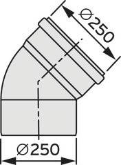 Abbildung eines Rohrbogens mit einem Durchmesser von 250 mm, dargestellt im Profil mit Pfeilen, die die Maße anzeigen.
