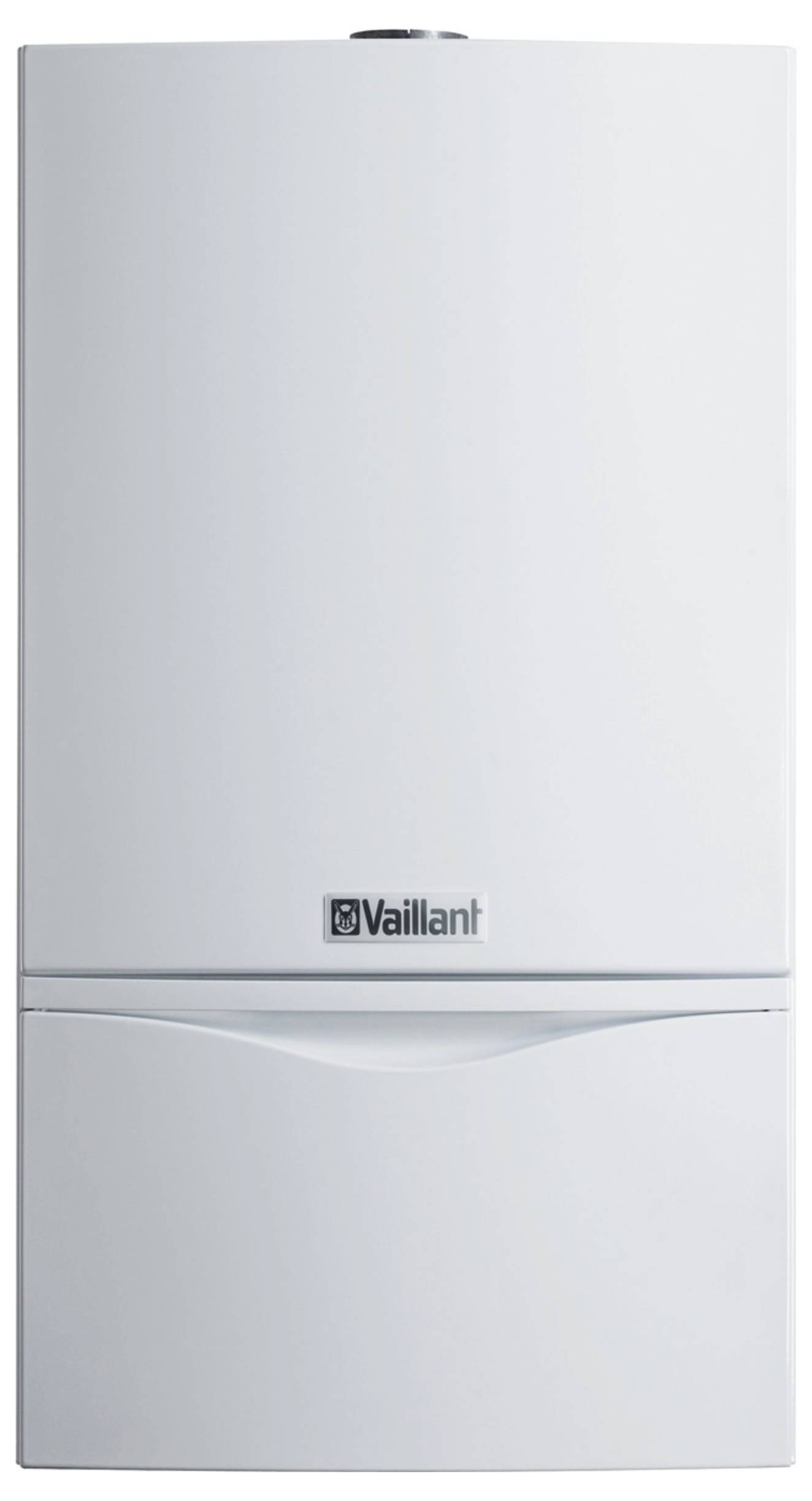 Ein weiß wandmontierter Kessel mit schlankem Design und dem Vaillant-Logo auf seiner Frontplatte.