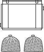 Zeichnung eines Containers von oben mit zwei daneben platzierten Müllsäcken.