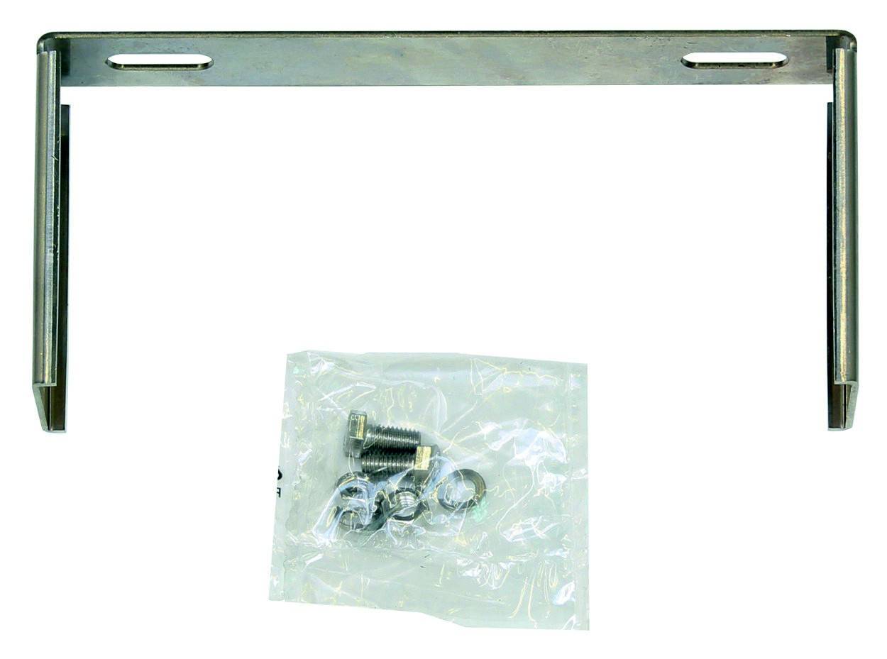 Metallhalterung mit Schrauben und Unterlegscheiben in einer Plastiktüte. Zubehör zur Montage oder Befestigung von Gegenständen.