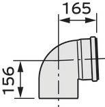 Technische Zeichnung eines gebogenen Rohres mit den Maßen 165 mm und 156 mm, Pfeile zeigen Breite und Höhe an.