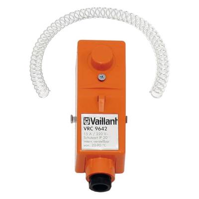 Oranger Temperaturregler von Vaillant mit Modellnummer VRC 9642. Oberseite zeigt eine Schraube und Bedienelement. Kunststoffspirale oben.