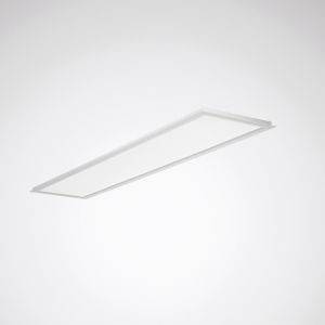Ein rechteckiges, flaches Deckenpaneel aus weißem Material, montiert an einer glatten grauen Decke.