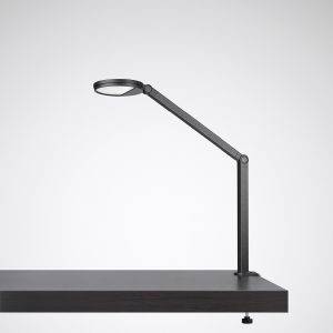 Eine stilvolle, minimalistische schwarze Tischlampe mit modernem Design steht auf einem schlichten Holztisch.