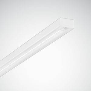 Ein weißer, rechteckiger LED-Leuchtkörper an der Decke, minimalistisch gestaltet, vor einem neutralen Hintergrund.