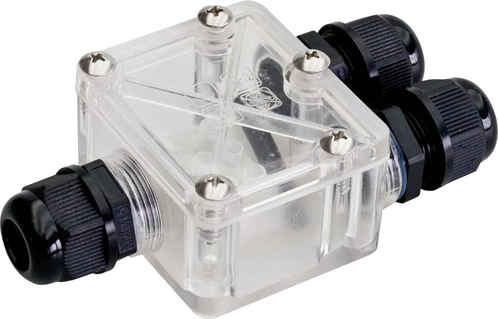 Ein transparenter Plastikanschluss mit schwarzen Schraubverbindungen an beiden Enden, möglicherweise für Kabelverbindungen.