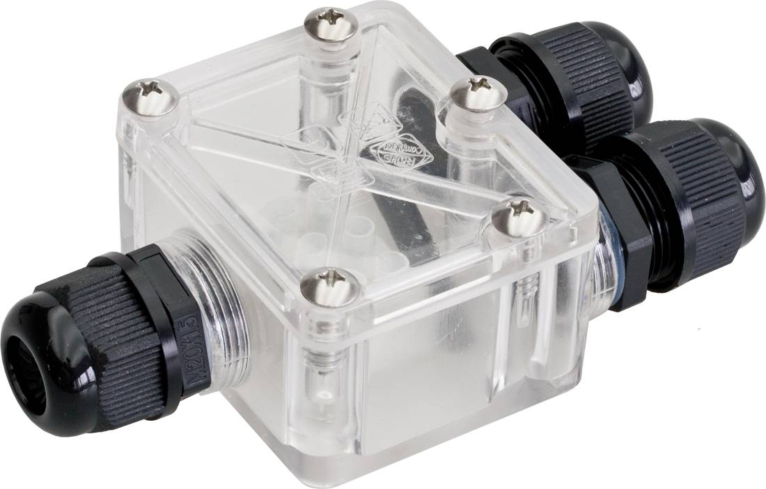 Klare Kunststoff-Inline-Elektro-Verbindungsbox mit drei schwarzen Kabelsteckern