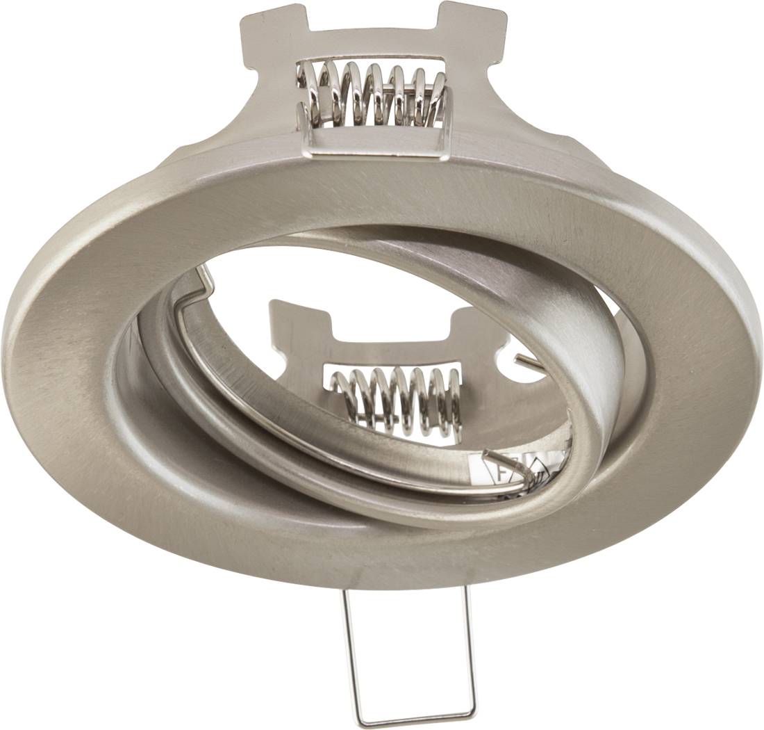 Runde, gebürstete Metall-Einbauleuchten-Einfassung für die Decke mit Federclips und verstellbarem inneren Ring auf weißem Hintergrund.