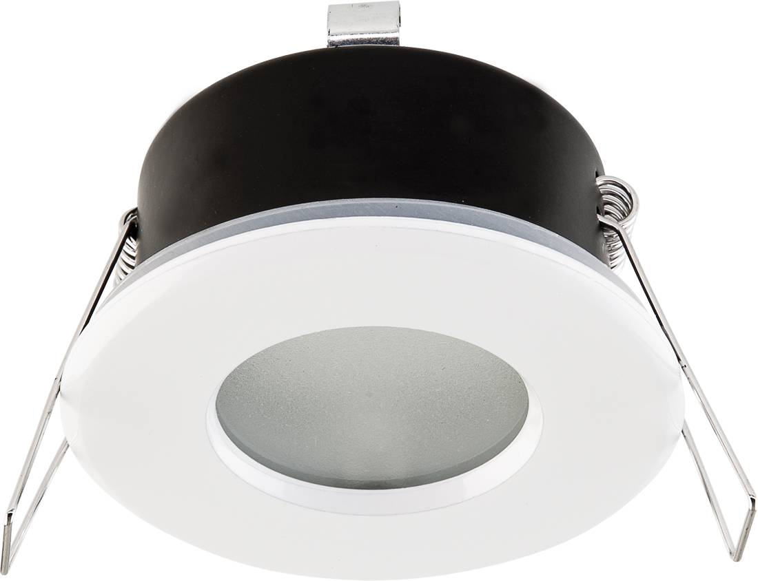 Runde, versenkte LED-Deckenleuchte mit weißem Rand, schwarzem Gehäuse und zentralem mattem Diffusor, dargestellt auf weißem Hintergrund.
