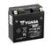 'Schwarze Motorrad-Batterie von Yuasa, Modell YT14B-BS, 12V 12Ah, 210A. Beschriftet mit Warnsymbolen und technischen Spezifikationen.'