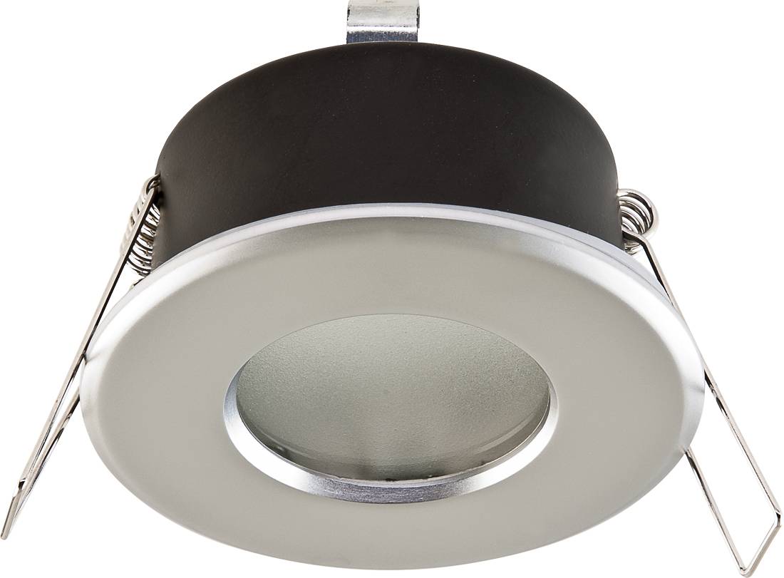 Eingelassener LED-Deckeneinbaustrahler mit weißer Zierleiste, silbernem Innenring und Federklemmen zur Installation.