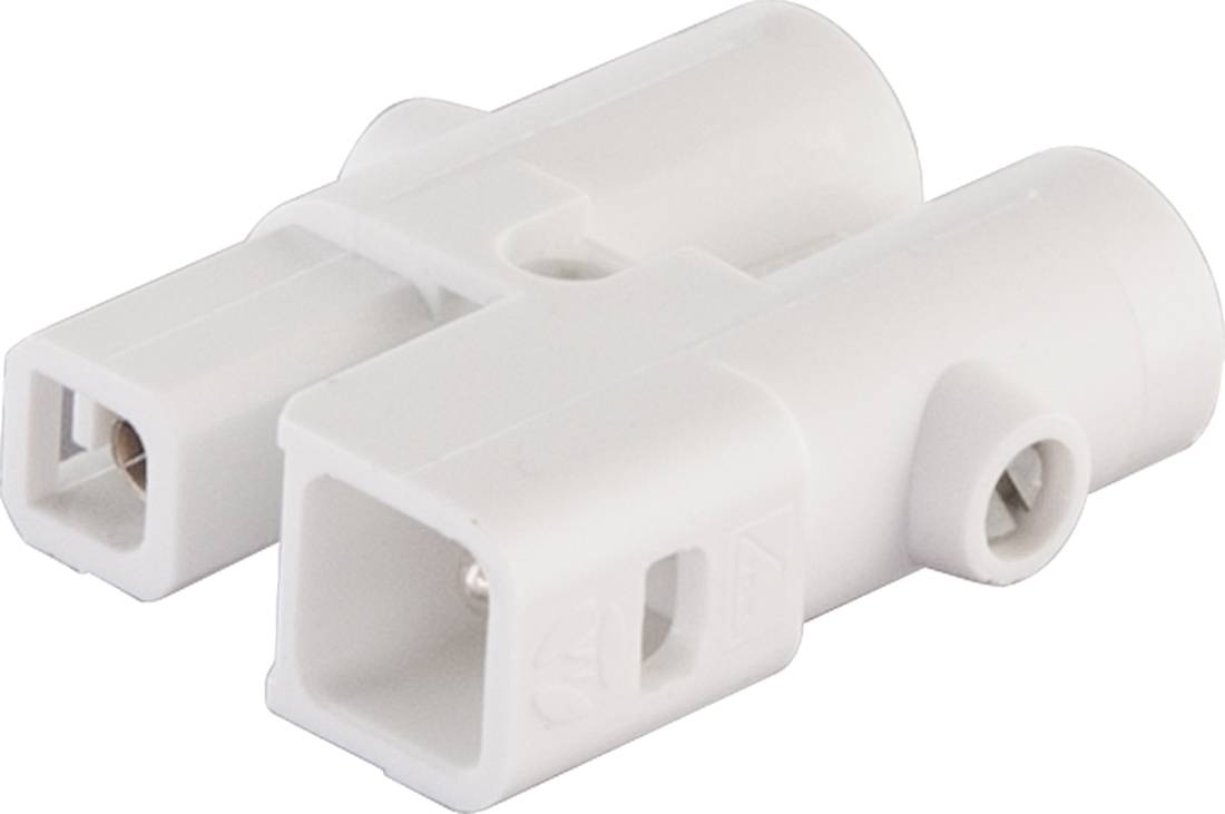 Weißer Kunststoff-Stecker mit zwei rechteckigen Steckplatzöffnungen und Schraubenlöchern an den Seiten auf weißem Hintergrund.