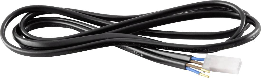 Ein langes, schwarzes Elektrokabel mit einem weißen Stecker am Ende. Das Kabel ist mehrfach gewickelt und wird von einem Band zusammengehalten.