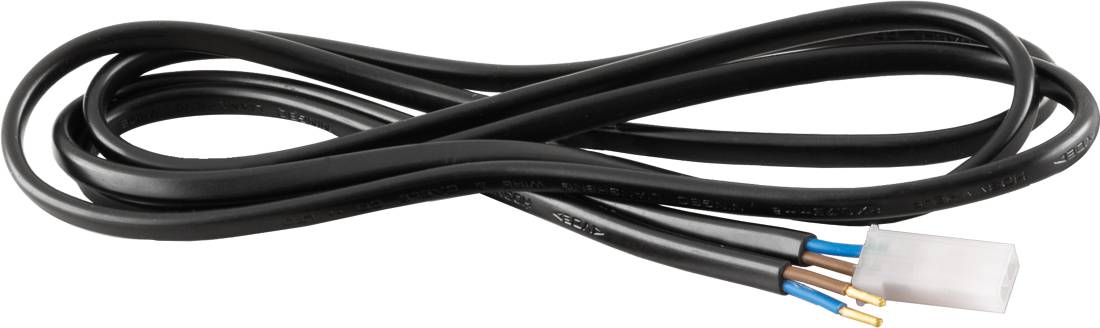 Schwarzes Elektrokabel mit weißem Stecker und freiliegenden blauen und goldenen Drahtenden auf einer Seite.