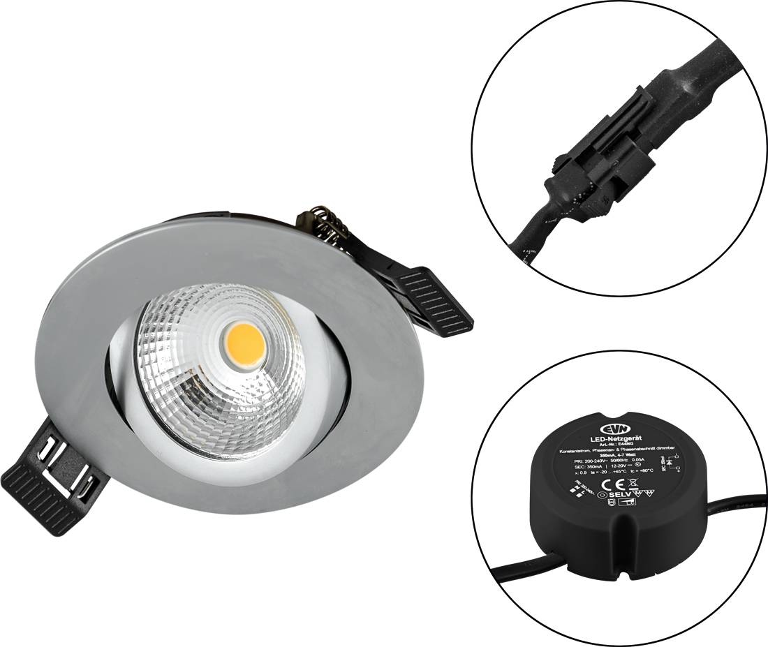 Eingebauter LED-Einbaustrahler mit silbernem Rahmen, zeigt den Stecker und die schwarze Treibereinheit in vergrößerten Detailansichten.