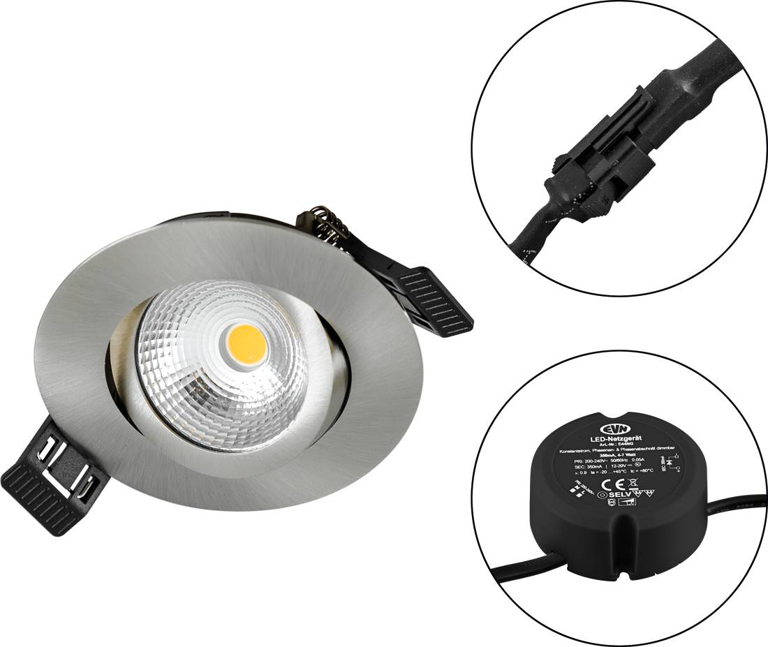 Eingebaute LED-Downlight mit gebürstetem Silberring, zeigt angeschlossenes Verdrahtungskabel und separates schwarzes Treibermodul in Detailkreisen.