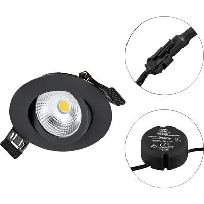 Schwarzer LED-Spot mit runden Einstellmöglichkeiten und Anschluss-Stecker, sowie einem LED-Treiber mit technischen Spezifikationen.