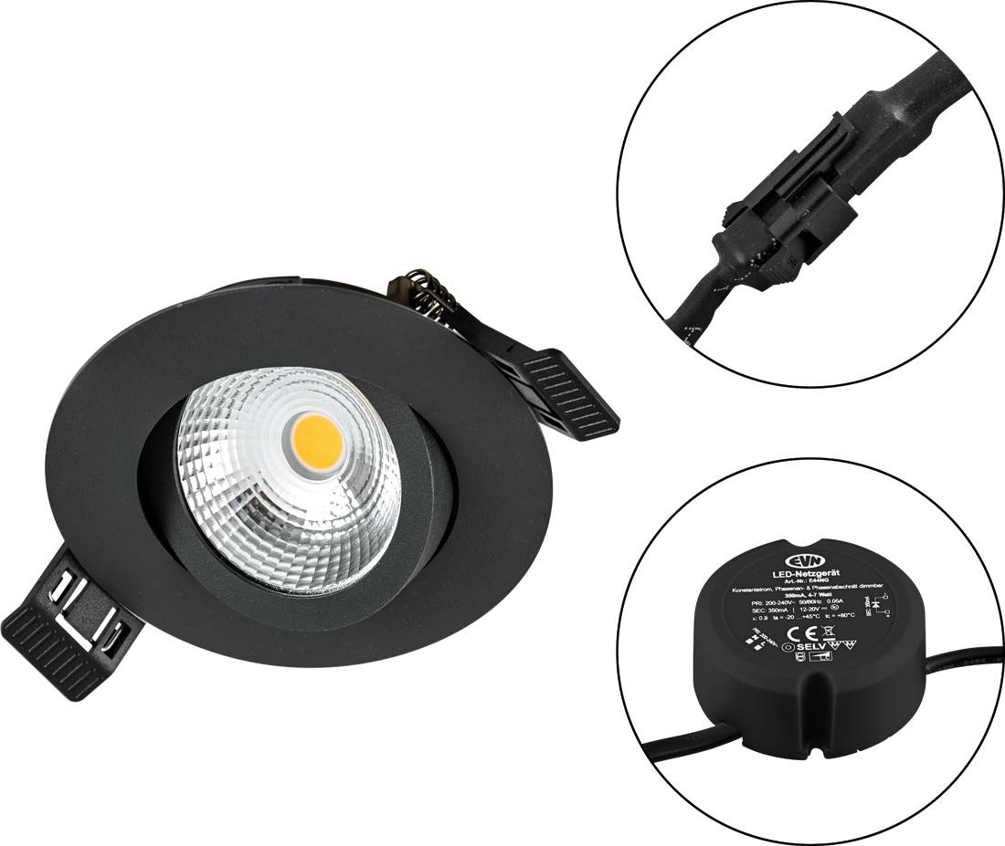 Schwarze eingebaute LED-Downlights mit Federklemmen, mit vergrößerten Nahaufnahmen des angebrachten Stromsteckers und der Treibereinheit.