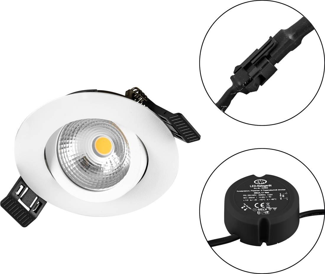 Eingelassene LED-Einbauleuchte mit weißer Blende und schwarzen Federklemmen, plus Nahaufnahmen des Steckverbinders und des Treibermoduls.