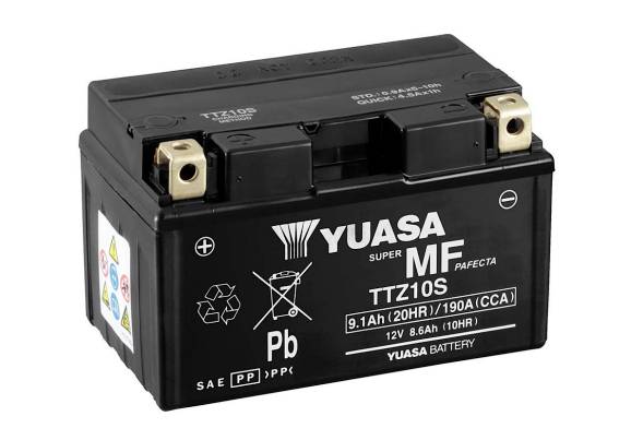 Schwarze Motorradbatterie mit der Aufschrift 'YUASA MF TTZ10S'. Spezifikationen: 12V, 9,1Ah, 190A (CCA), wartungsfrei.