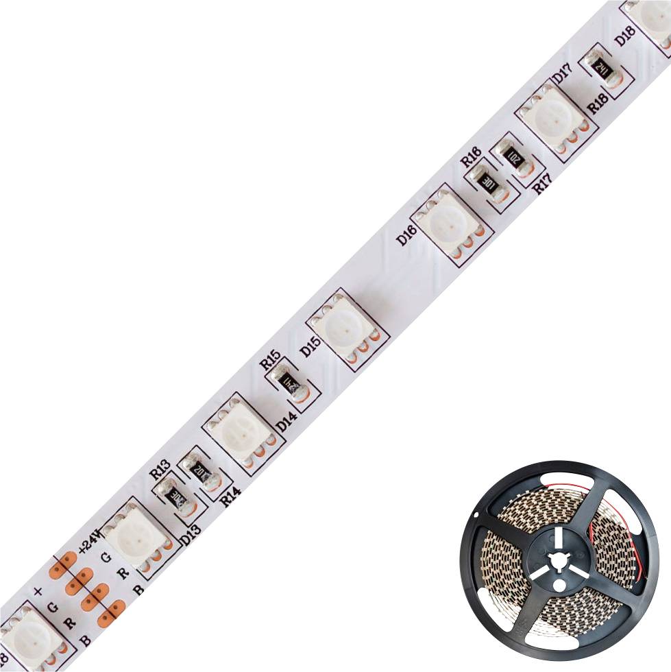 LED-Lichtleiste mit RGB-LEDs, daneben eine aufgerollte Spule, die flexible und anpassbare Beleuchtungslösungen zeigt.