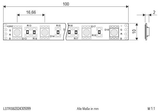 Technische Maßzeichnung eines 100 mm langen, 10 mm breiten LED-Streifenabschnitts mit gekennzeichneten Komponenten, Anschlüssen und 2 mm Enddetail; alle Abmessungen in mm.