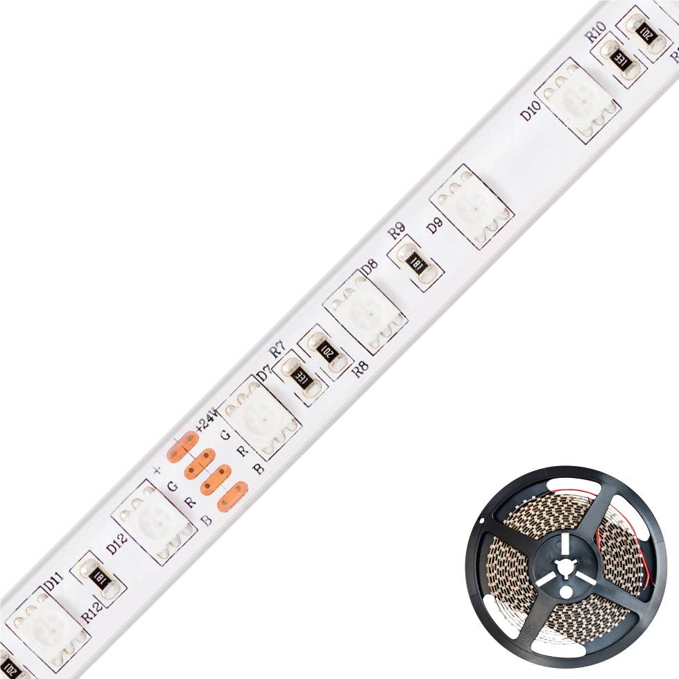 LED-Streifen auf einer Rolle, zeigt leuchtende Segmente mit RGB- und Steuerungspunkten, geeignet für flexible Beleuchtungslösungen.