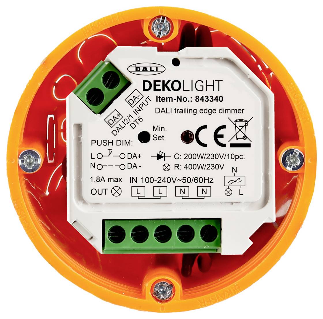 DEKOLIGHT DALI-Dimmermodul für Phasenabschnitt mit beschrifteten Ein- und Ausgangsklemmen sowie technischen Anschlussspezifikationen.