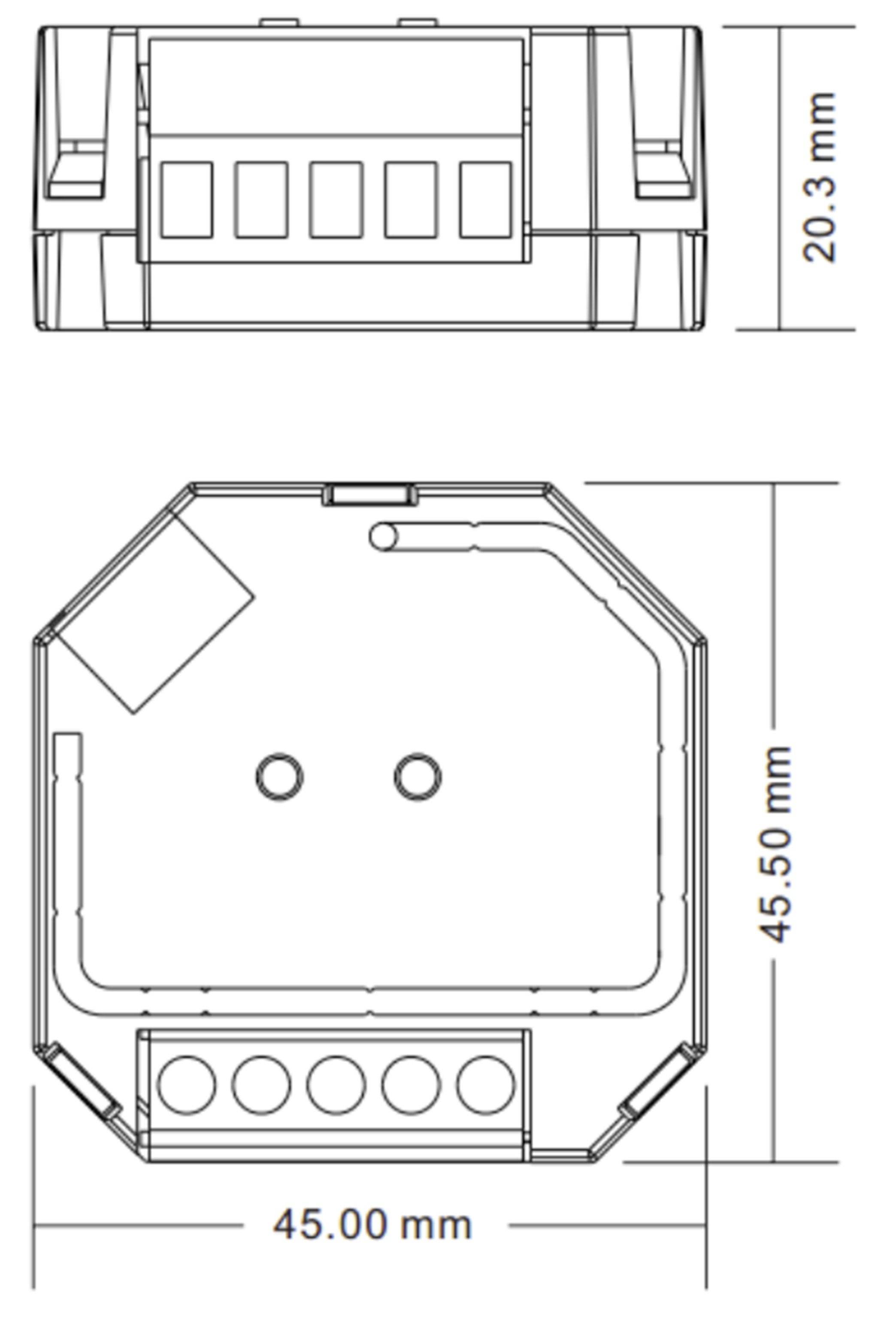 'Technische Zeichnung eines achteckigen Geräts, oben und seitlich dargestellt. Maße: 45,50 mm hoch, 45,00 mm breit, 20,3 mm tief.'