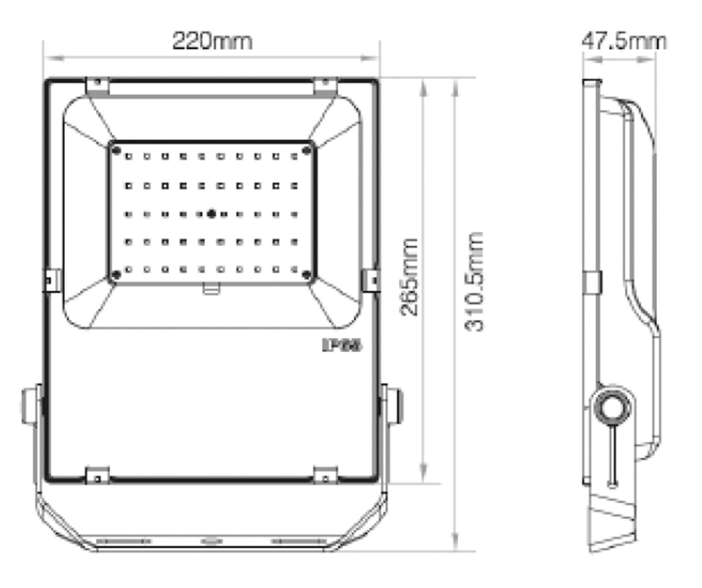 Technische Zeichnung einer Leuchte mit den Abmessungen 220 mm Breite, 265 mm Höhe, 47,5 mm Tiefe; Schutzart IP66.