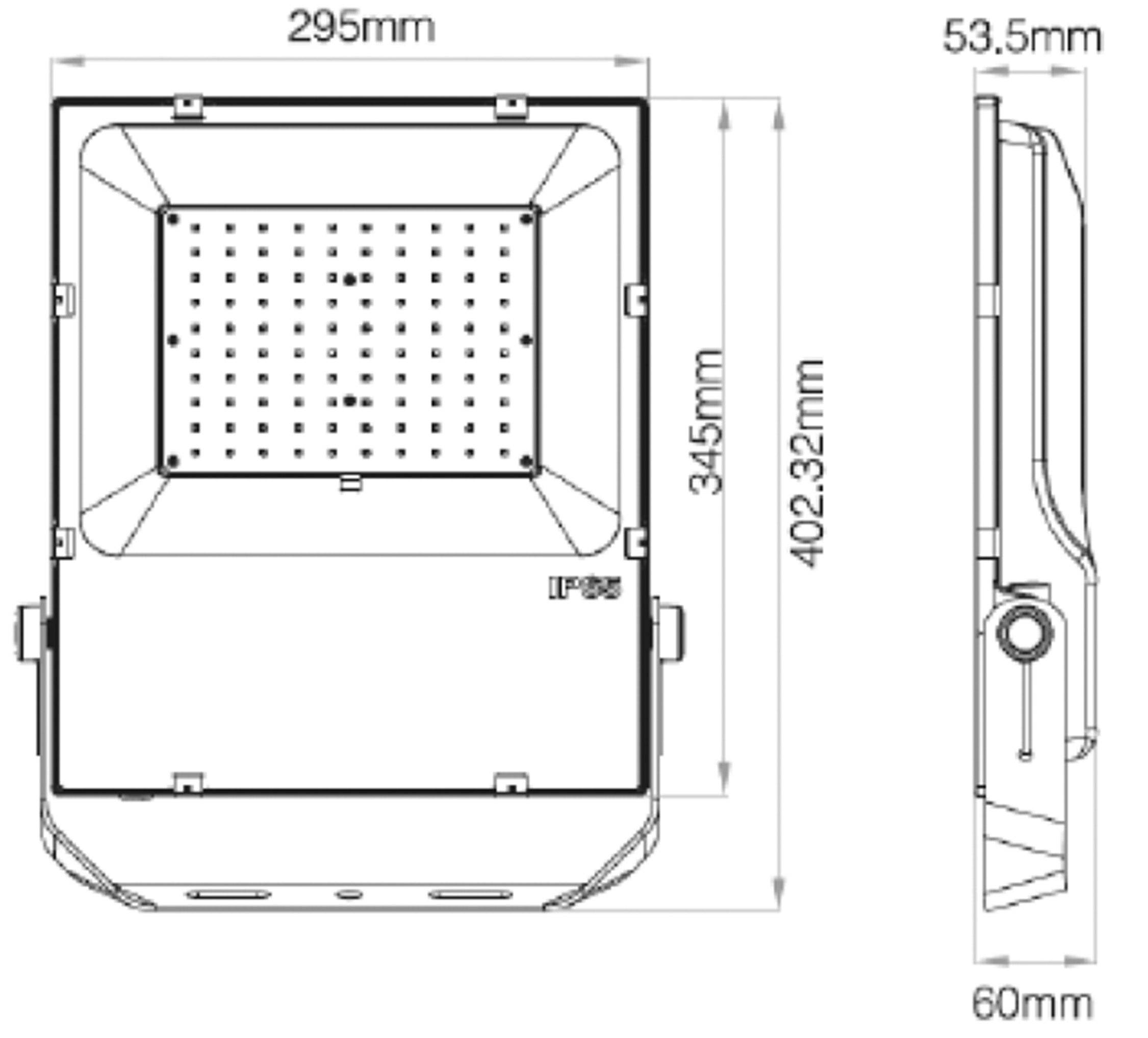 Technische Zeichnung einer LED-Leuchte. Maße: 295mm Breite, 345mm Höhe, 53,5mm Tiefe und 402,32mm gesamte Höhe. Seitenansicht zeigt 60mm Breite.